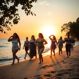 A beautiful, serene beach scene at sunset featuring a group of diverse adults enjoying nature