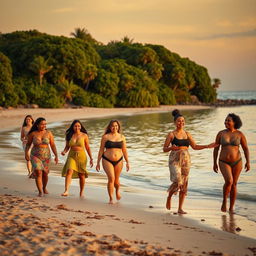 A beautiful, serene beach scene at sunset featuring a group of diverse adults enjoying nature