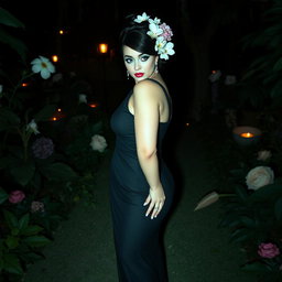 A full-length image of a beautiful, curvy white girl with delicate flowers in her elegantly styled black hair, arranged in an updo