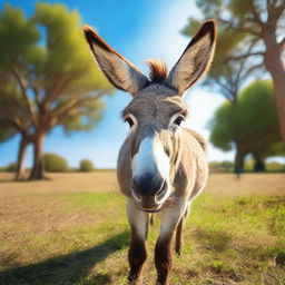 Generate an image of a donkey in a pastoral setting, it's fur rippling in the light breeze and sun high in the azure sky.