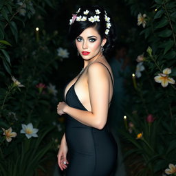 A full-length image of a beautiful, curvy white girl with delicate flowers in her elegantly styled black hair, arranged in an updo