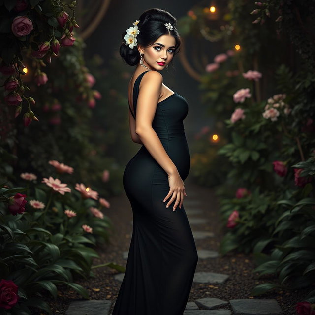 A full-length image of a beautiful, curvy white girl with delicate flowers in her elegantly styled black hair, arranged in an updo