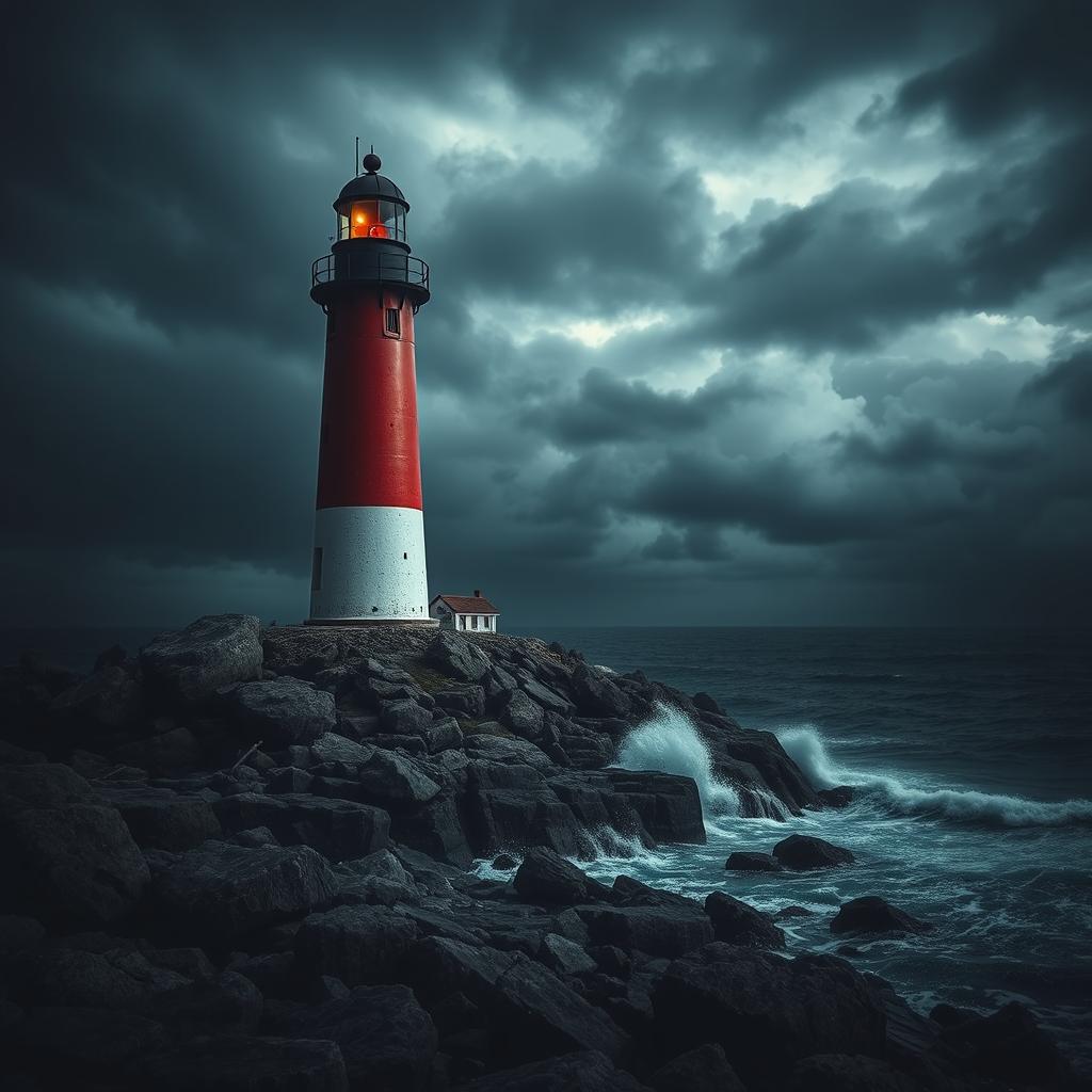 A realistic lighthouse with red and white stripes, situated on a rugged island