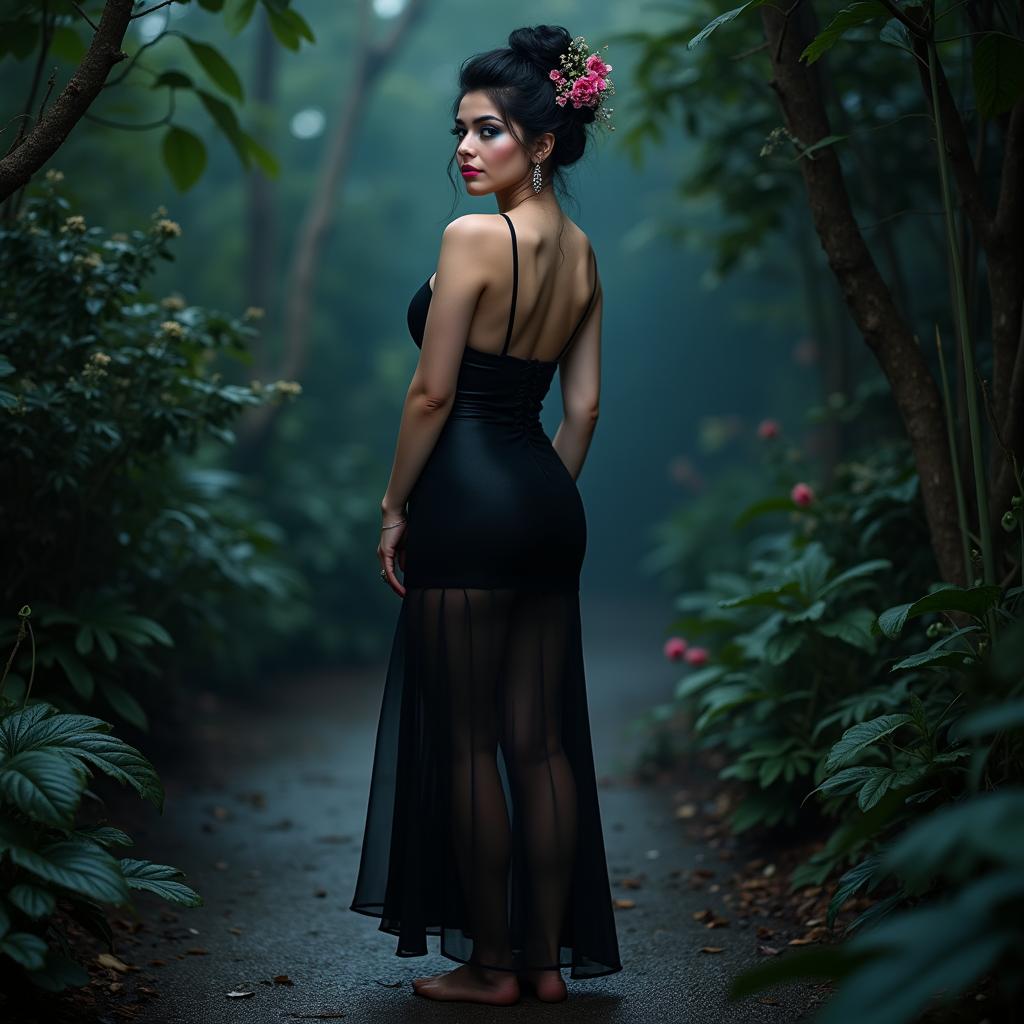 A full-length image of a beautiful, curvy white girl with delicate flowers in her elegantly styled black hair, arranged in a graceful updo