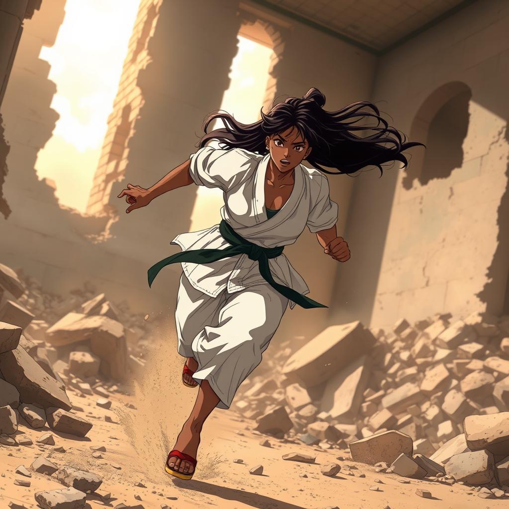 An anime scene featuring a black female karate practitioner, with an athletic build and determined expression, sprinting through the debris of a destroyed building