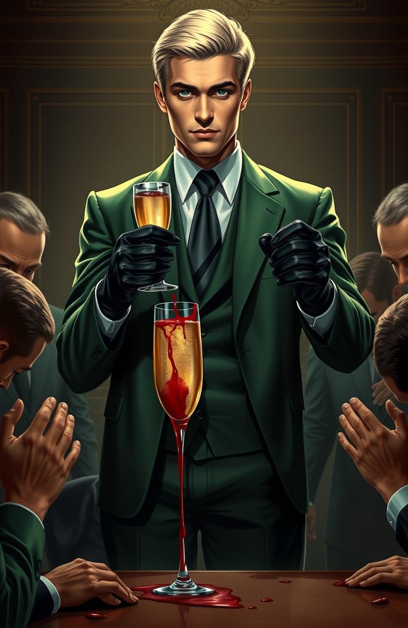 A scene depicting Caesar Genovese, the boss of the Genovese mafia family, depicted as a handsome young man with ice-blue eyes and short blonde hair