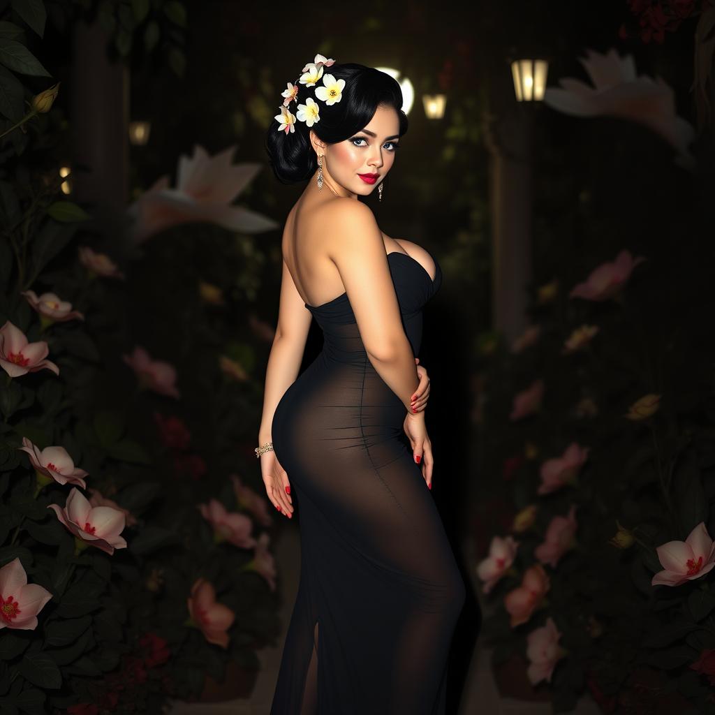 A full-length image of a beautiful, curvy white girl with delicate flowers in her black hair styled in an elegant updo