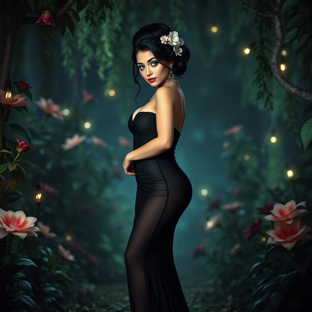 A full-length image of a beautiful, curvy white girl with delicate flowers in her black hair styled in an elegant updo