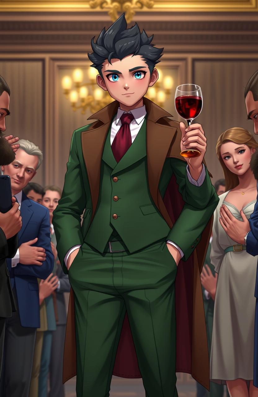 A tall boy with a large build and striking ice-blue eyes, dressed in a stylish green suit with a matching vest, a sophisticated brown coat draping over his shoulders, and a striking blood-red tie, confidently holding a glass of red wine in his right hand