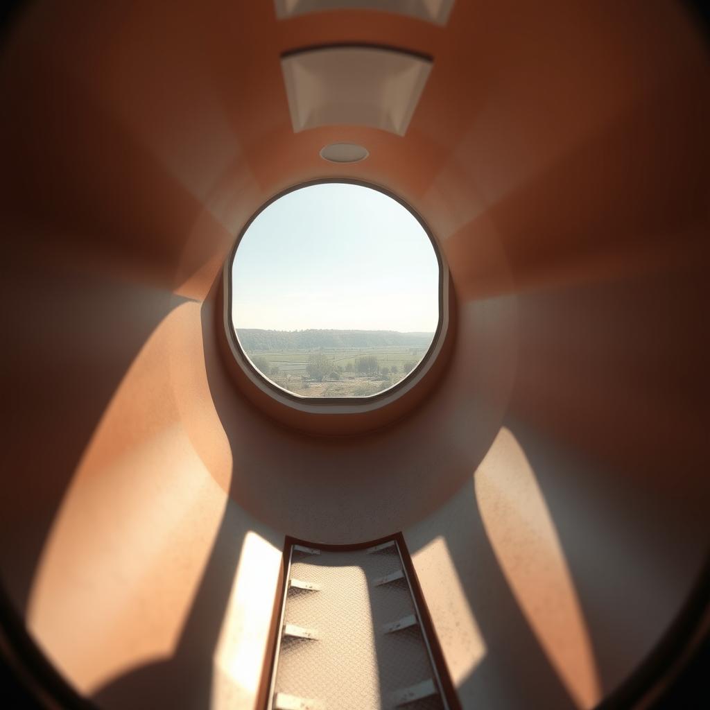 A 3D scene showcasing the interior of a train car with a clear view through the train window, revealing the bottom of the curved side of the train car
