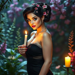 A full-length image of a beautiful, curvy white girl with delicate flowers in her intricately styled black hair, arranged in an elegant updo