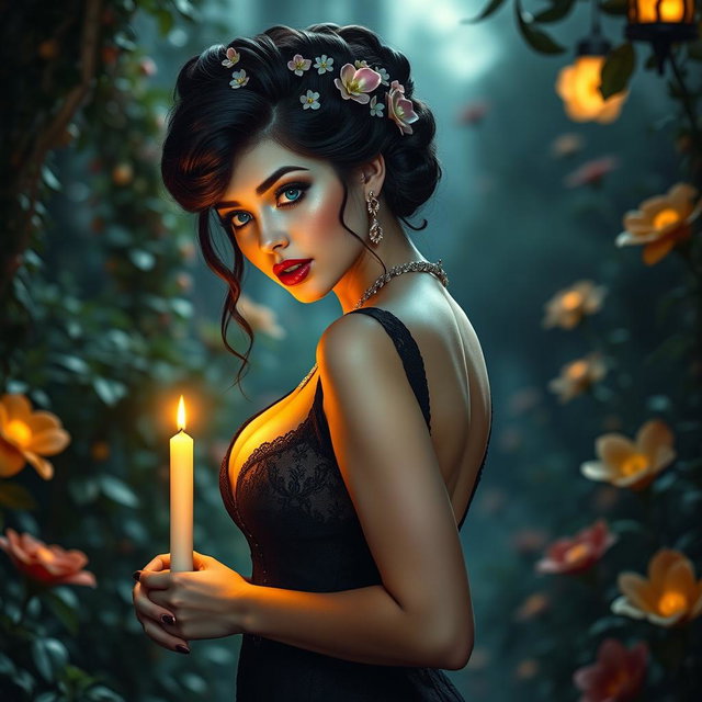 A full-length image of a beautiful, curvy white girl with delicate flowers in her intricately styled black hair, arranged in an elegant updo