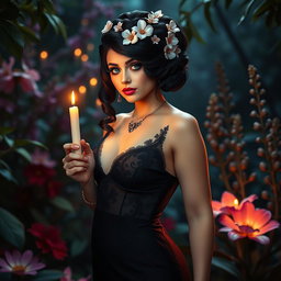 A full-length image of a beautiful, curvy white girl with delicate flowers in her intricately styled black hair, arranged in an elegant updo