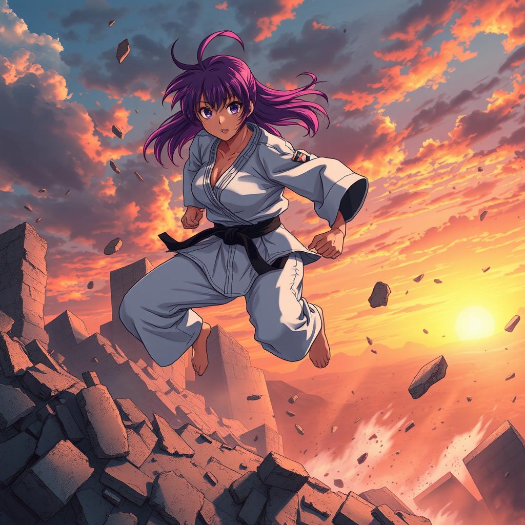 A dynamic scene featuring an anime girl with striking purple hair, showcasing her agility as she runs atop the ruins of a destroyed building
