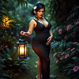 A full length image of a beautiful, curvy 18 year old BBW white girl with delicate flowers in her black hair styled in an elegant updo