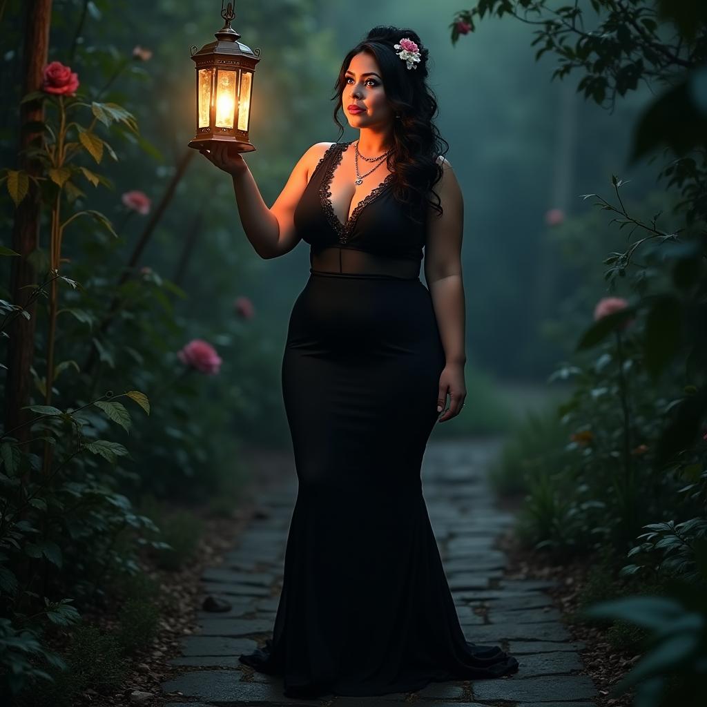 A full length image of a beautiful, curvy 18-year-old BBW white girl with delicate flowers in her black hair styled in an elegant updo