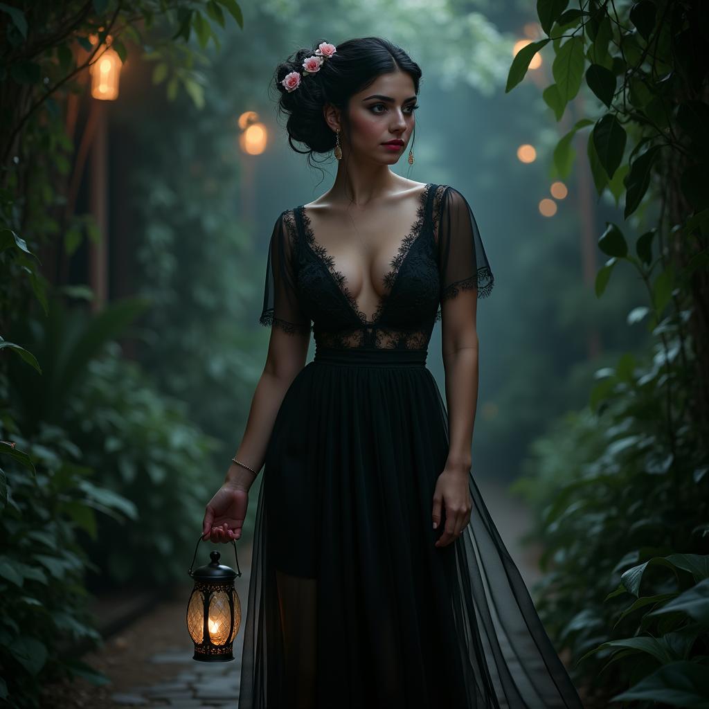 A full length image of a beautiful, innocent 18 year old BBW white girl with delicate flowers in her black hair elegantly styled in an updo