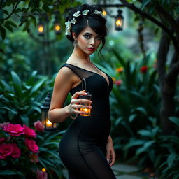 A full length image of a beautiful, innocent 18 year old BBW white girl with delicate flowers intricately woven into her black hair, styled in a graceful updo