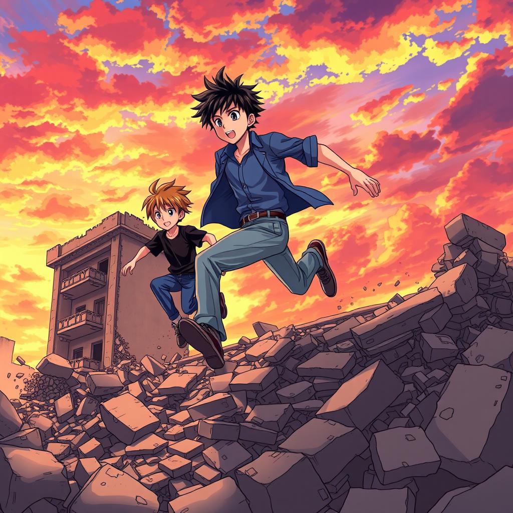 An exciting scene depicting an anime boy wearing a blue shirt and light blue pants, alongside a younger boy in a black shirt and blue pants, both energetically running on the crumbled remains of a destroyed building
