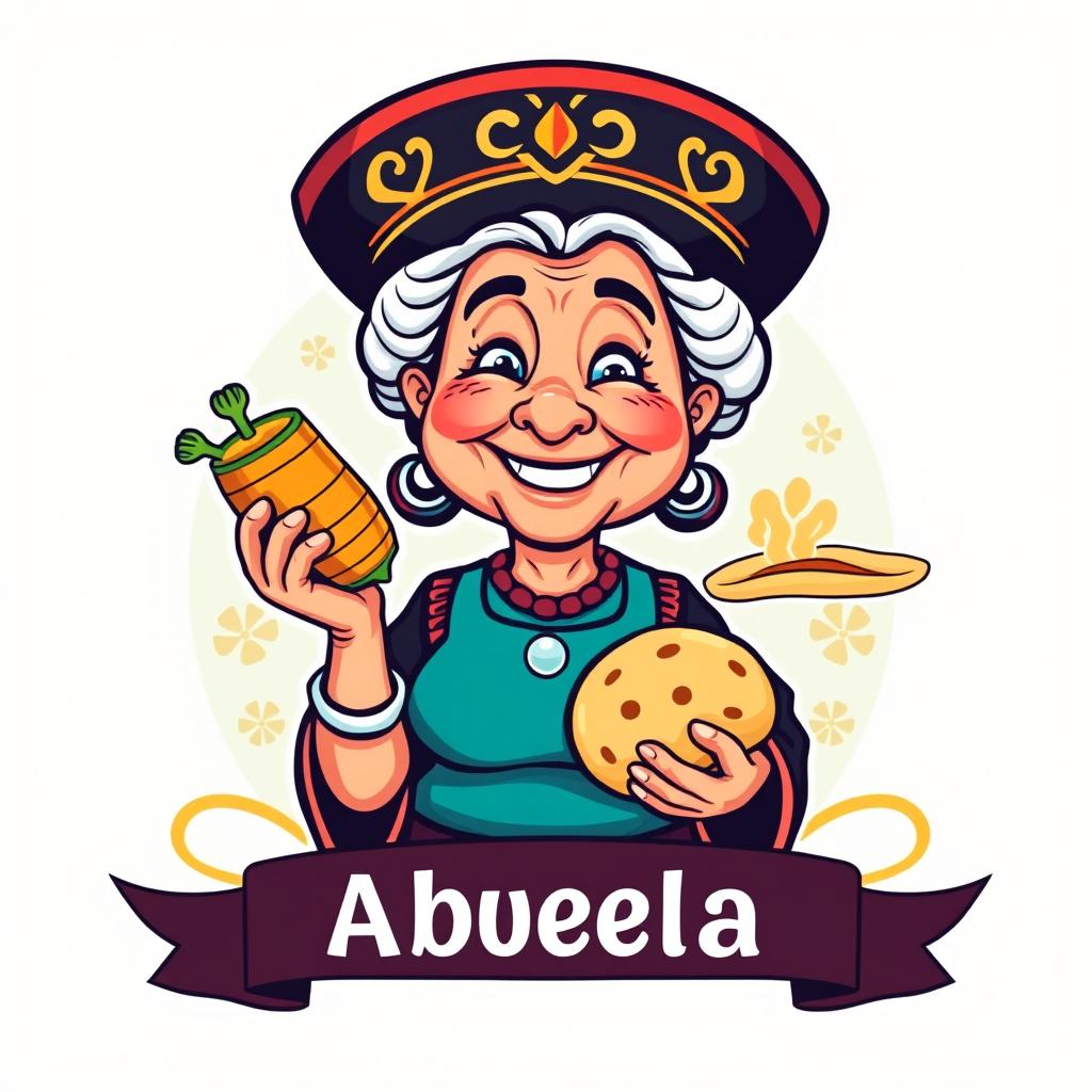 A logo design featuring a cartoon-style abuela, an elderly woman, wearing a traditional black Mexican cap