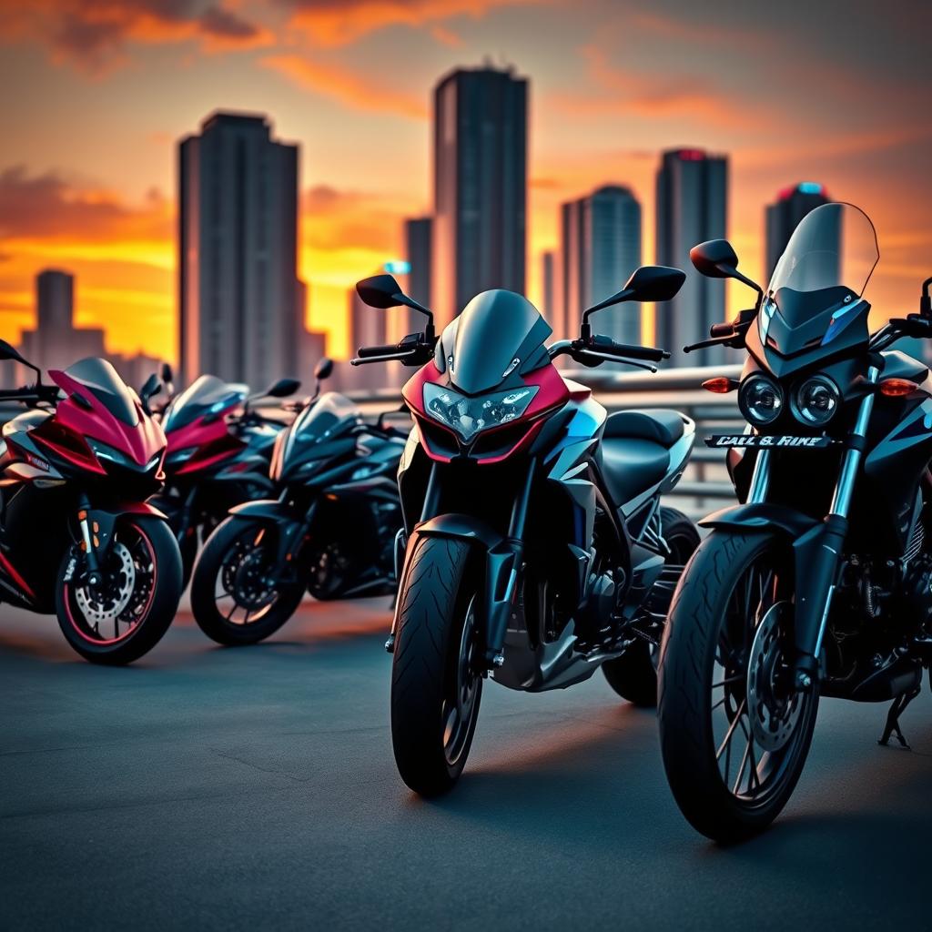 A dynamic scene of a group of sleek, modern motorcycles parked in an urban environment during sunset