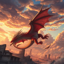An awe-inspiring scene of a majestic anime dragon soaring through the sky above a landscape of destruction, with a backdrop of ruined buildings and crumbling structures