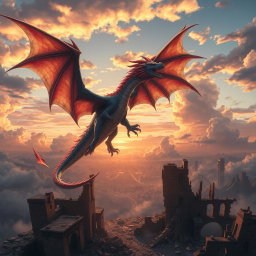An awe-inspiring scene of a majestic anime dragon soaring through the sky above a landscape of destruction, with a backdrop of ruined buildings and crumbling structures