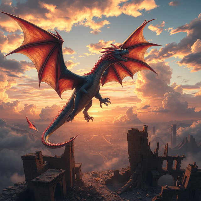 An awe-inspiring scene of a majestic anime dragon soaring through the sky above a landscape of destruction, with a backdrop of ruined buildings and crumbling structures
