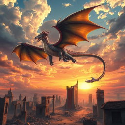 An awe-inspiring scene of a majestic anime dragon soaring through the sky above a landscape of destruction, with a backdrop of ruined buildings and crumbling structures