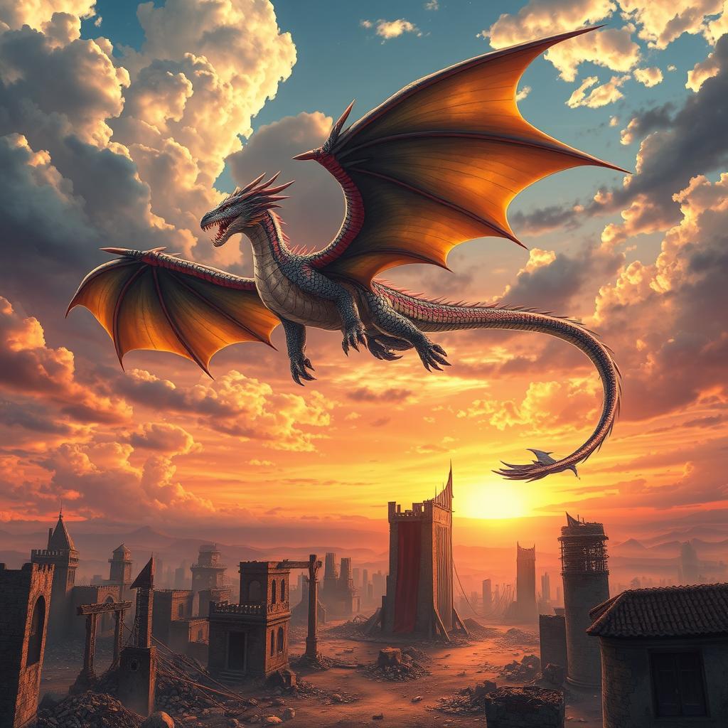 An awe-inspiring scene of a majestic anime dragon soaring through the sky above a landscape of destruction, with a backdrop of ruined buildings and crumbling structures