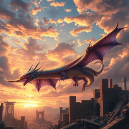 An awe-inspiring scene of a majestic anime dragon soaring through the sky above a landscape of destruction, with a backdrop of ruined buildings and crumbling structures