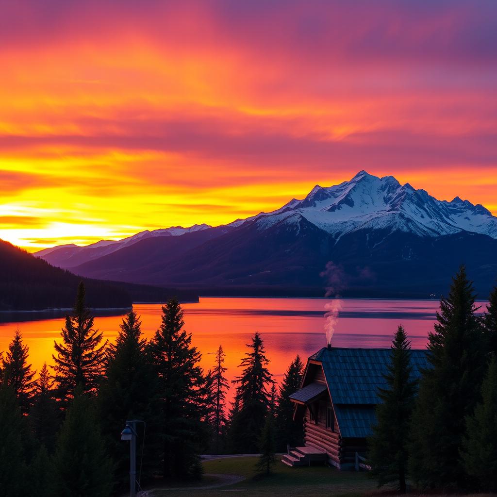 A serene mountain landscape during sunset, with vibrant orange and purple skies