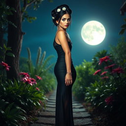 A full length image of a beautiful, innocent 18 year old BBW white girl with delicate flowers woven into her black hair, styled elegantly in an updo