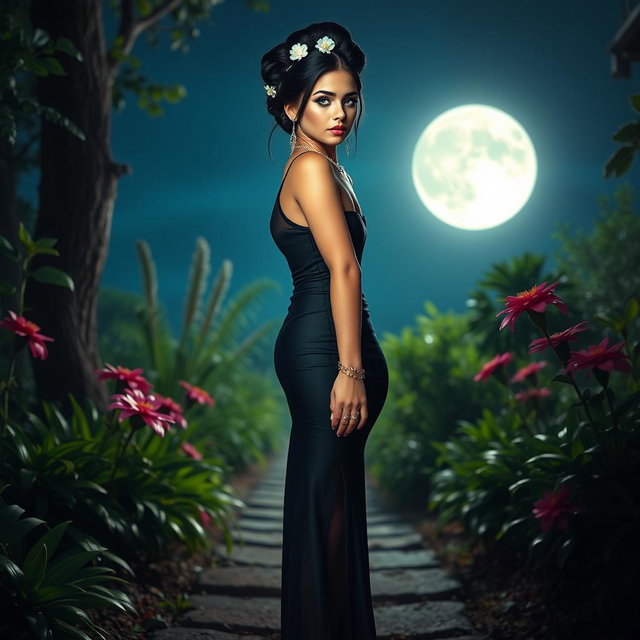 A full length image of a beautiful, innocent 18 year old BBW white girl with delicate flowers woven into her black hair, styled elegantly in an updo