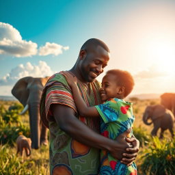 A touching scene depicting a father and son embracing in a vibrant African landscape