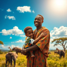 A touching scene depicting a father and son embracing in a vibrant African landscape