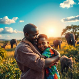 A touching scene depicting a father and son embracing in a vibrant African landscape