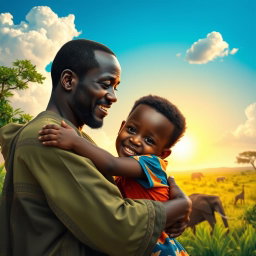 A touching scene depicting a father and son embracing in a vibrant African landscape