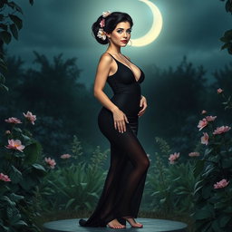 A full length image of a beautiful, innocent 18 year old BBW white girl with delicate flowers adorning her black hair styled elegantly in an updo