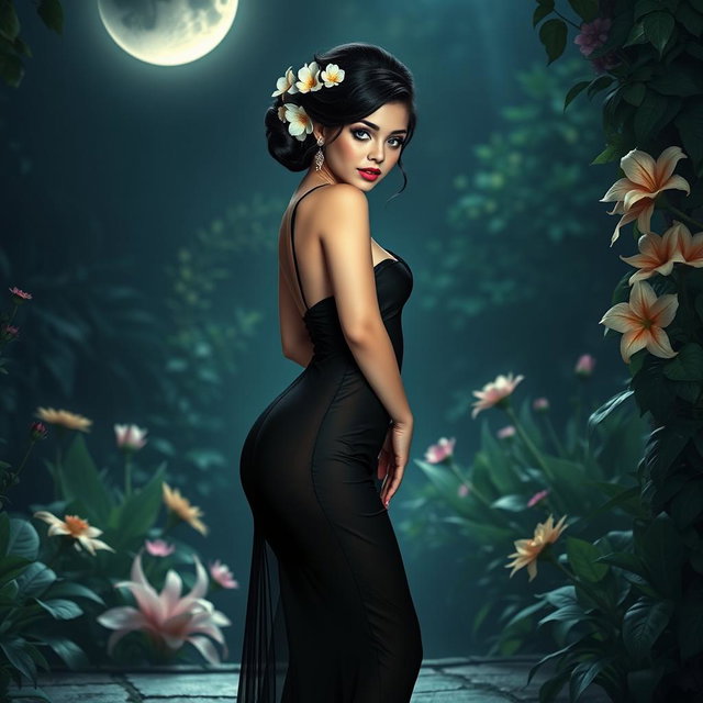 A full length image of a beautiful, innocent 18 year old BBW white girl with delicate flowers adorning her black hair styled elegantly in an updo