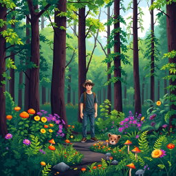 A vibrant pixel art forest featuring lush greenery, tall trees with pixelated leaves, and colorful flowers in various shades