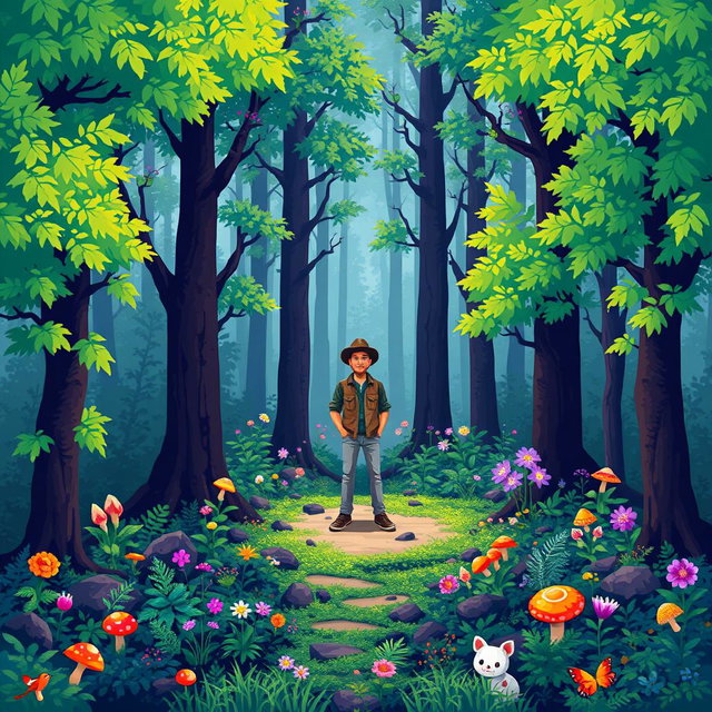A vibrant pixel art forest featuring lush greenery, tall trees with pixelated leaves, and colorful flowers in various shades