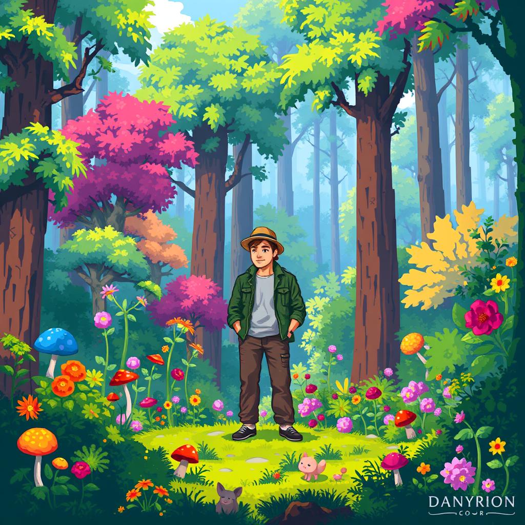 A vibrant pixel art forest featuring lush greenery, tall trees with pixelated leaves, and colorful flowers in various shades