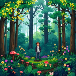 A vibrant pixel art forest featuring lush greenery, tall trees with pixelated leaves, and colorful flowers in various shades