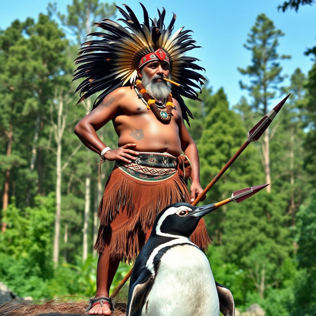 An indigenous man wearing a traditional feathered headdress (cocar), confidently smoking a pipe