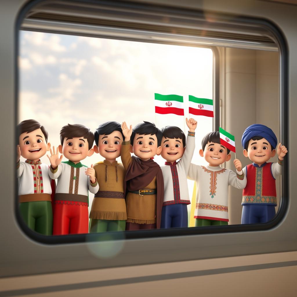 A lively 3D scene featuring six boys standing side by side in a train window, each dressed in traditional clothing representing different Iranian ethnic groups