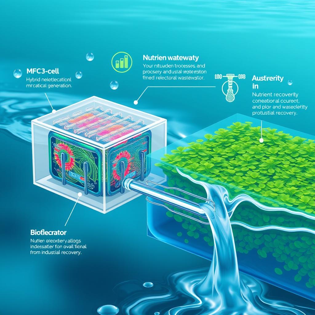 A concept illustration of a hybrid microbial fuel cell (MFC) integrated with an algal bioreactor, showcasing the bioelectricity generation process