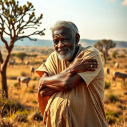 A heartfelt scene of an elderly African man embracing his adult son in a picturesque African setting