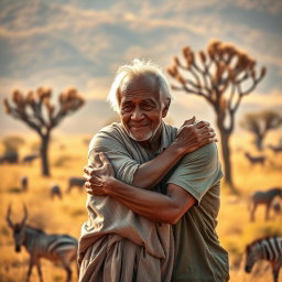 A heartfelt scene of an elderly African man embracing his adult son in a picturesque African setting