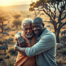 A heartfelt scene of an elderly African man embracing his adult son in a picturesque African setting